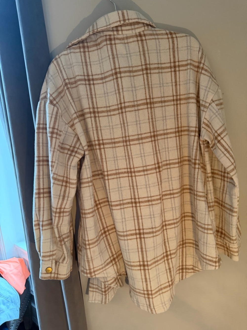 Cozy Plaid Shacket Jacket Cream Brown Oversized Button Front Size L - Picture 2 of 6